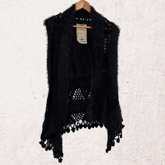 Vintage Black Fringe Knit Poncho Sweater - Picture 1 of 4
